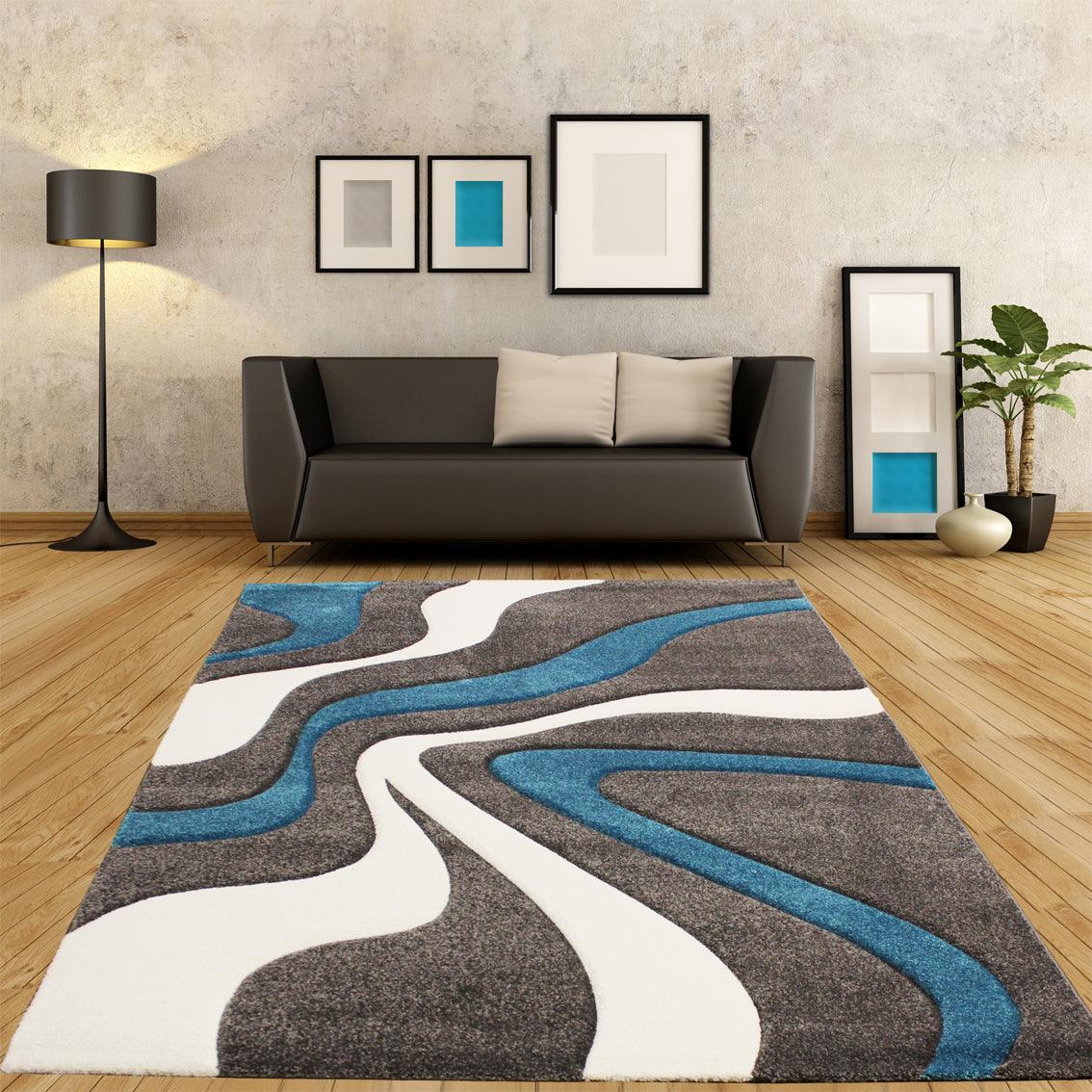 Designer Area Rug with Contour Cut and Modern Wave Pattern