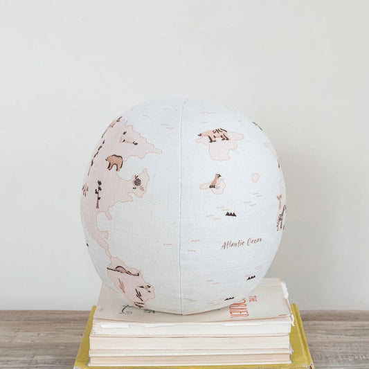 Fabric Printed Globe Shaped Orb Pillow with Animals & Embroidery