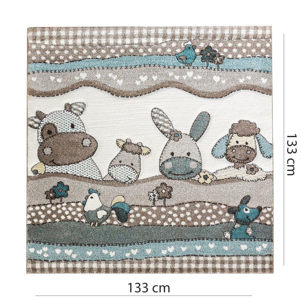 Kids Rug Nursery Contour Cut Farm Animals Beige Cream Pastel