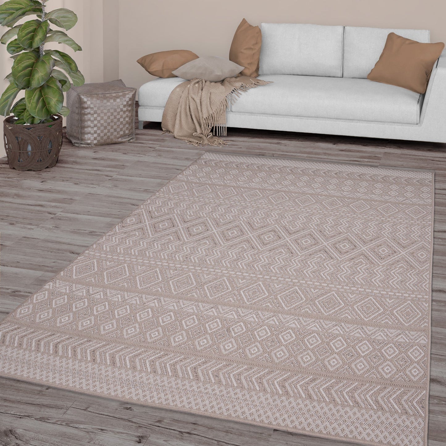 Outdoor Rug Vermont Stain-Resistant with Boho Pattern in Beige