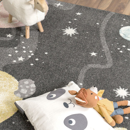 Kids Rug Nino Space with pastel colored Planets Stars in Anthracite