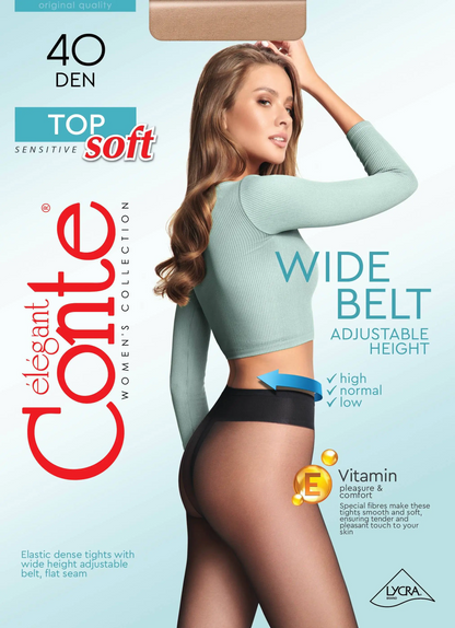 Conte Top Soft 40 Den - Classic Women's Tights Sheer to Waist T-top Low Waist Vitamin E (14S-37SP)