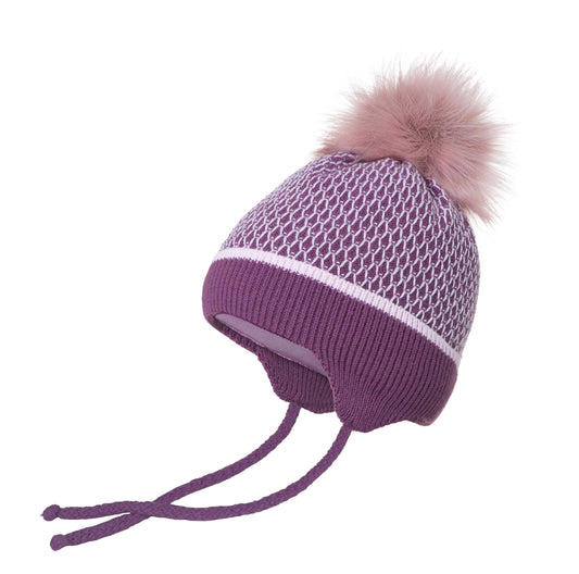 Дитяча шапка подвійного в'язання Conte/Esli з утеплювачем, бавовняною підкладкою, хутряним помпончиком - Для дівчаток (17С-92СП)