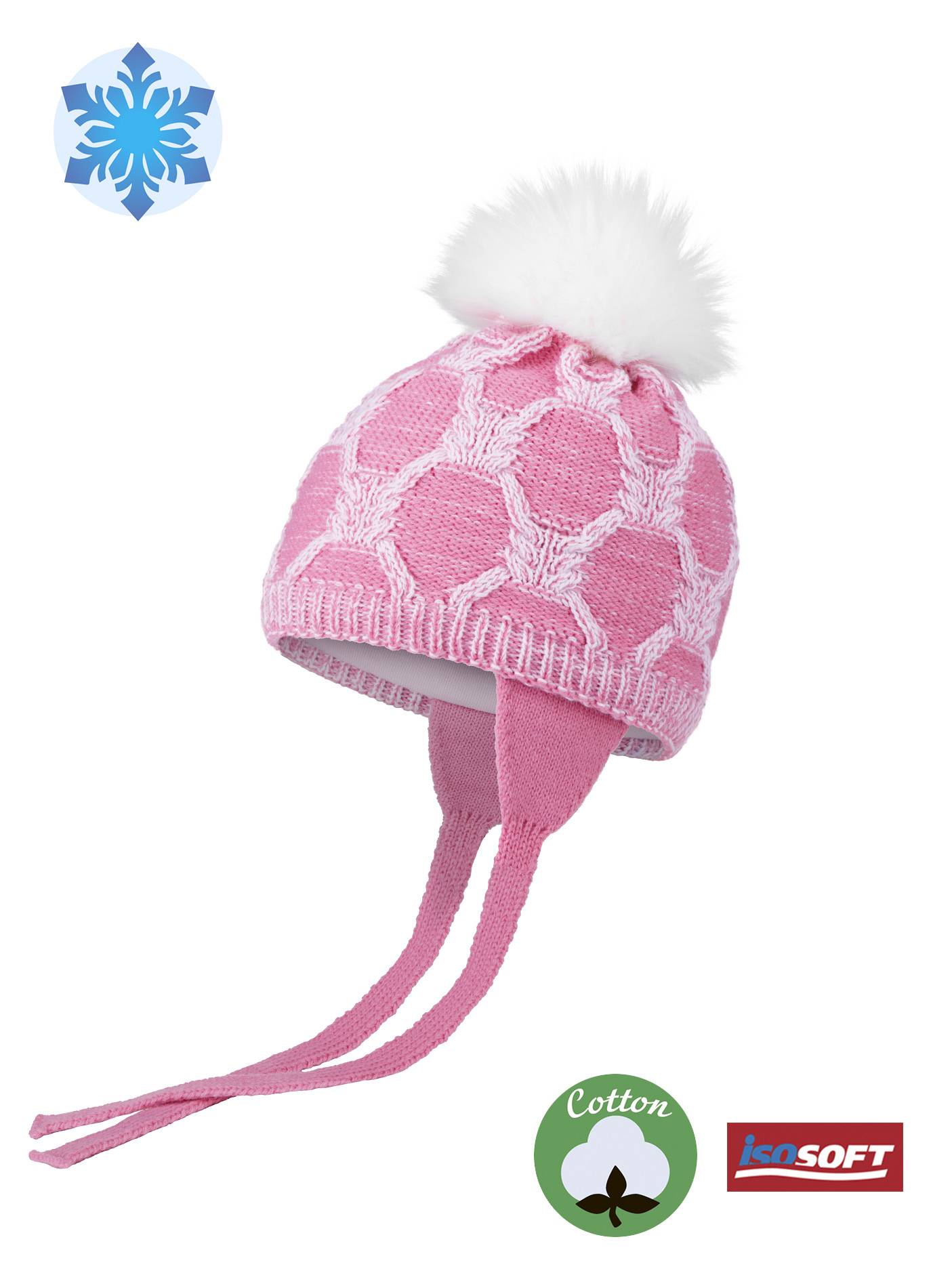 Conte/Esli Double knitted kids hat with insulation, cotton lining, fur pom-pom - For Girls (18С-31СП)