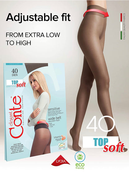Conte Top Soft 40 Den - Classic Women's Tights Sheer to Waist T-top Low Waist Vitamin E (14S-37SP)