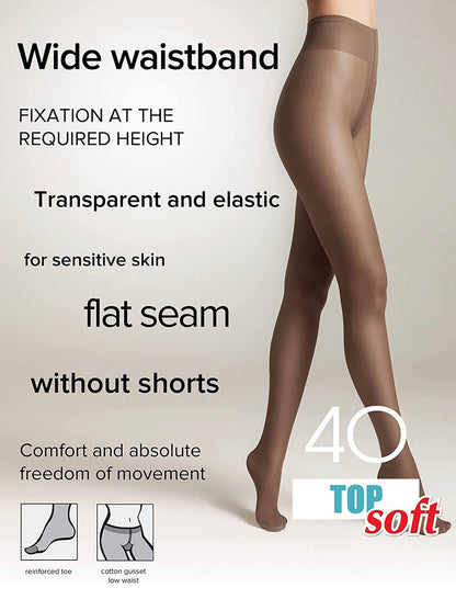 Conte Top Soft 40 Den - Classic Women's Tights Sheer to Waist T-top Low Waist Vitamin E (14S-37SP)