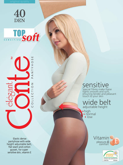 Conte Top Soft 40 Den - Classic Women's Tights Sheer to Waist T-top Low Waist Vitamin E (14S-37SP)
